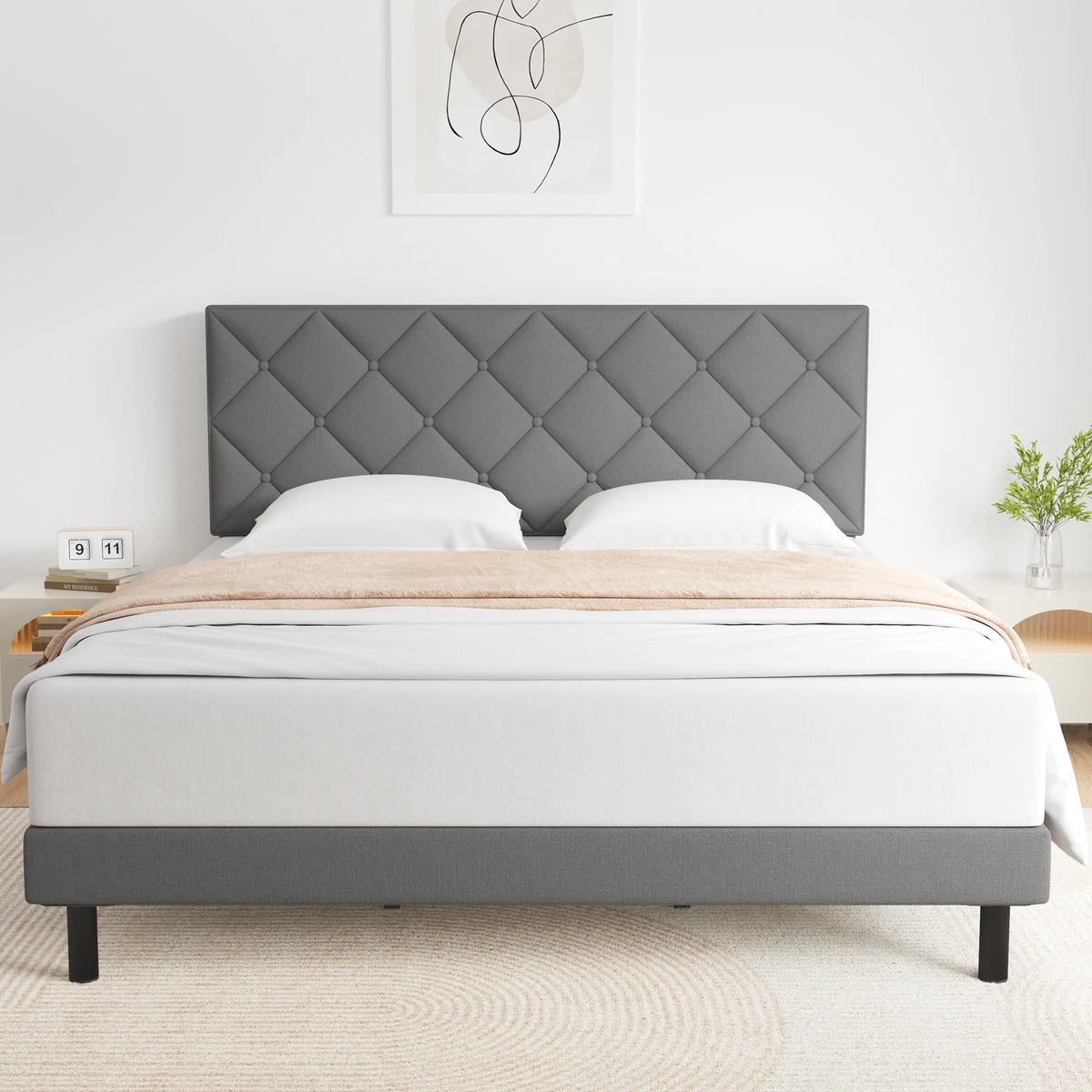 Full Size Bed Frame with Fabric Upholstered Headboard L17357