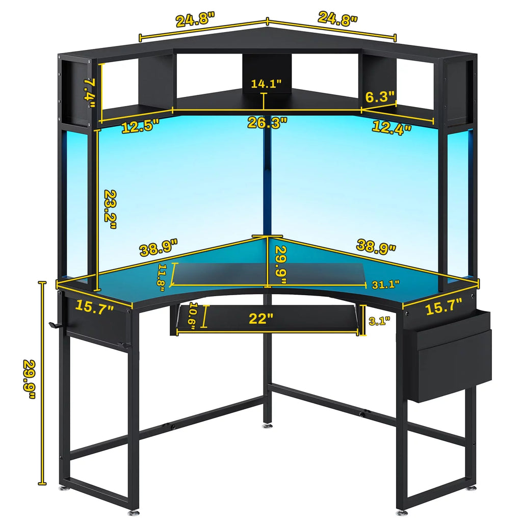 Black Corner Computer Desk with Hutch and LED Lights U84354