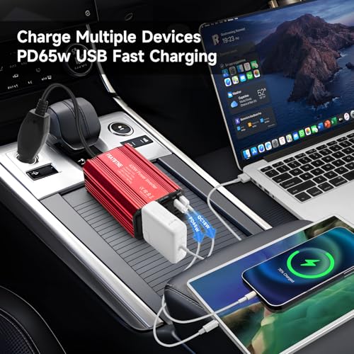 400W Power Inverter, DC 12V to 110V AC Car Plug Adapter Outlet Converter with USB-C & USB-A Fast Charging Ports and 2 AC Outlets O46408