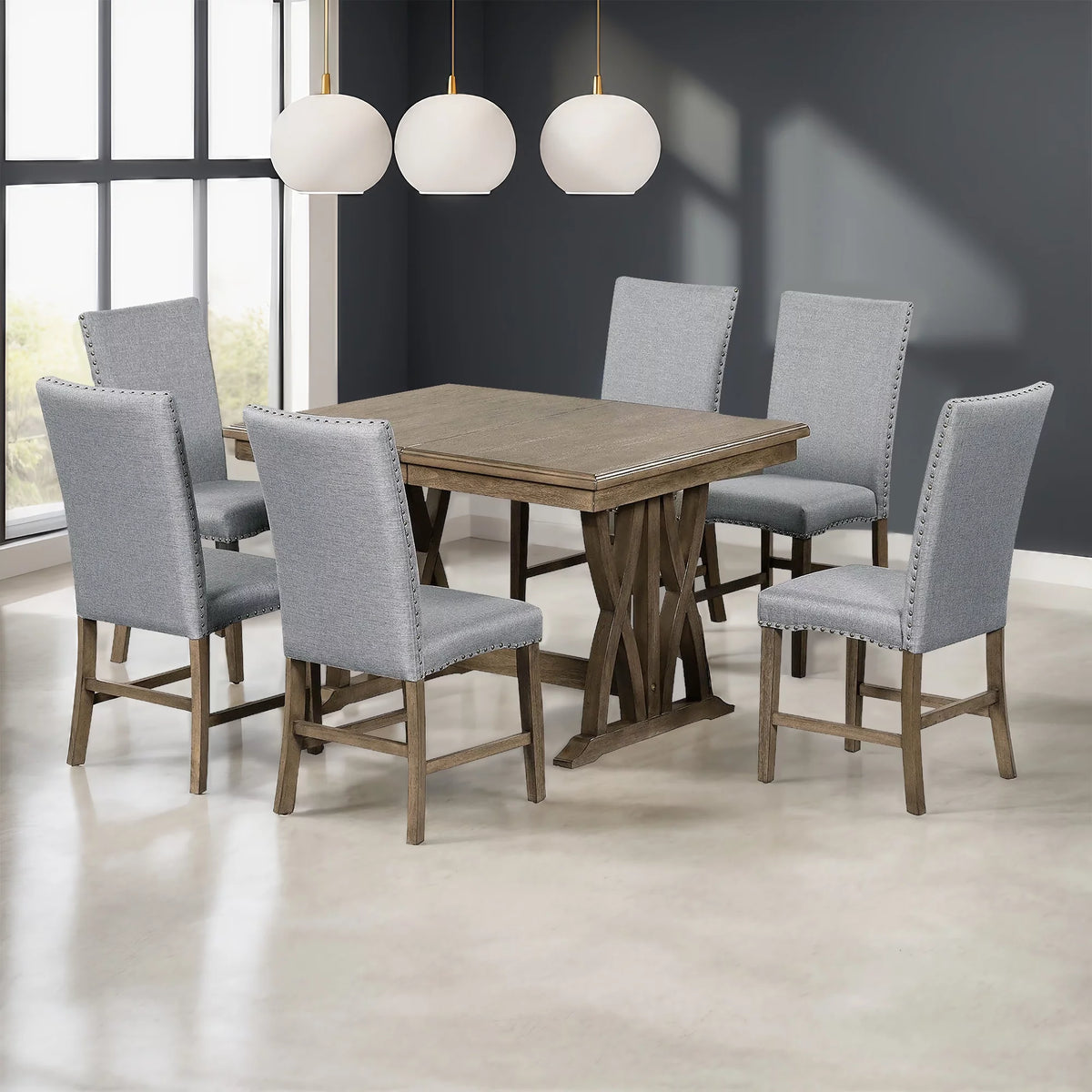 Solid Wood 7-Piece Extendable Dining Table Set with Upholstered Chairs T9174