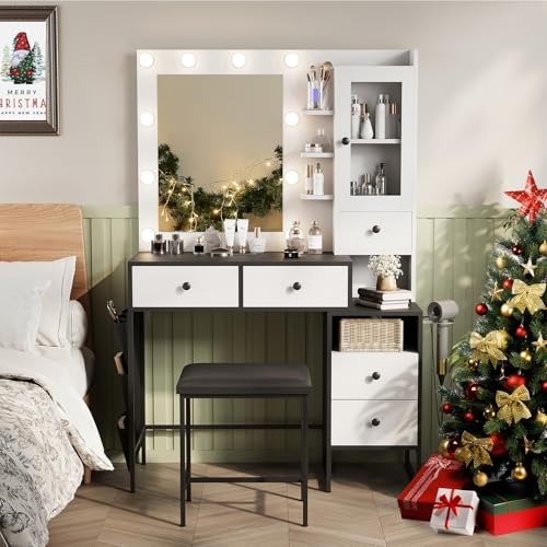 White Makeup Vanity Desk with Mirror and Lights O35045