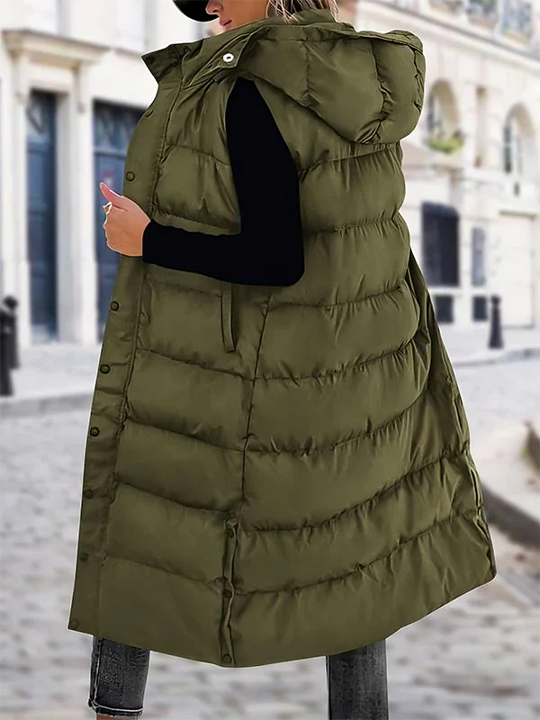 Women's Long Quilted Puffer Vest with Hood I364964