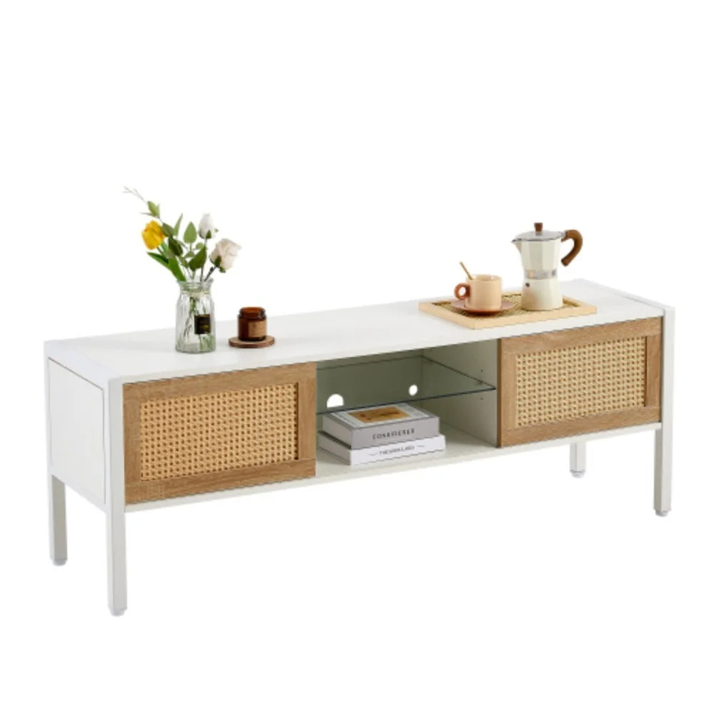 White Rattan TV Cabinet with Sliding Doors and Adjustable Shelf A87111