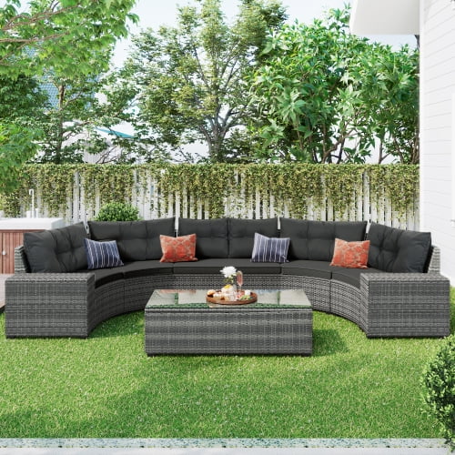8 Pieces Outdoor Wicker Round Sofa Set with Coffee Table K318722