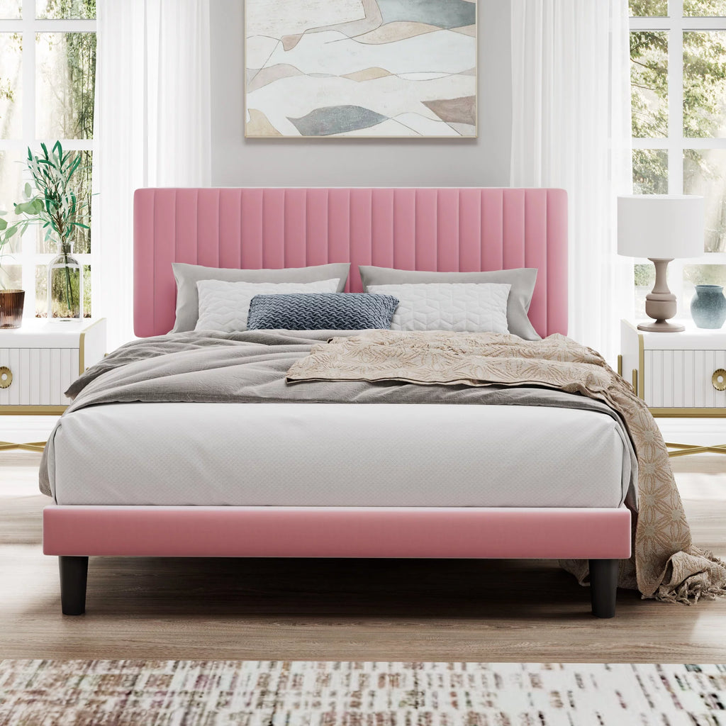 Pink Queen Size Upholstered Platform Bed Frame with Velvet Headboard J1004