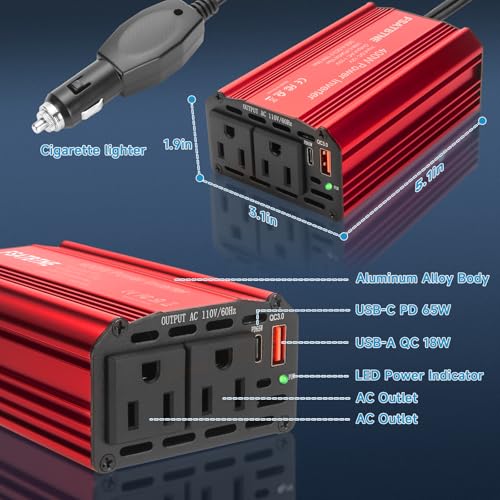 400W Power Inverter, DC 12V to 110V AC Car Plug Adapter Outlet Converter with USB-C & USB-A Fast Charging Ports and 2 AC Outlets O46408