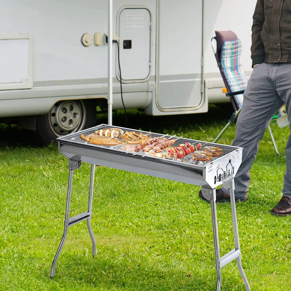 28" Stainless Steel Portable Folding Charcoal BBQ Grill Set K3481