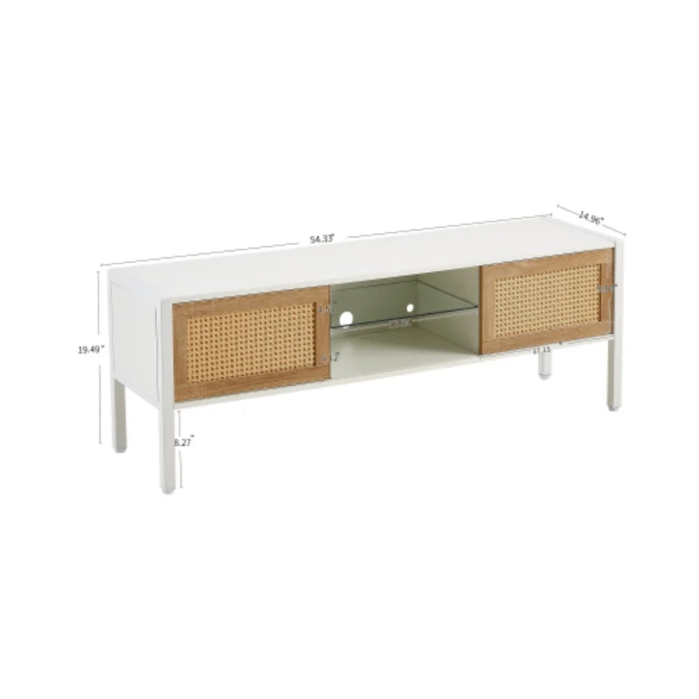 White Rattan TV Cabinet with Sliding Doors and Adjustable Shelf A87111