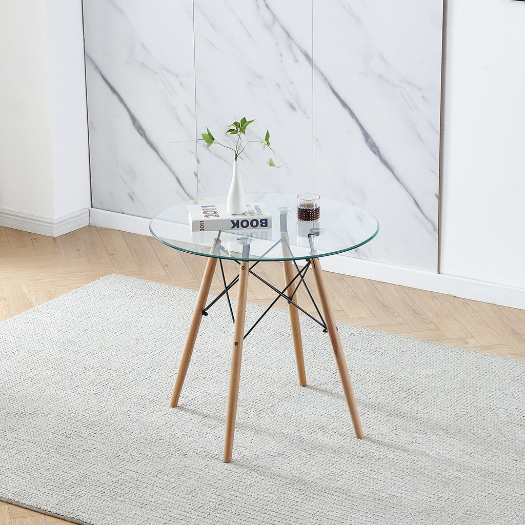 Set of 5 Round Glass Dining Table 32" with Wood Legs B7677