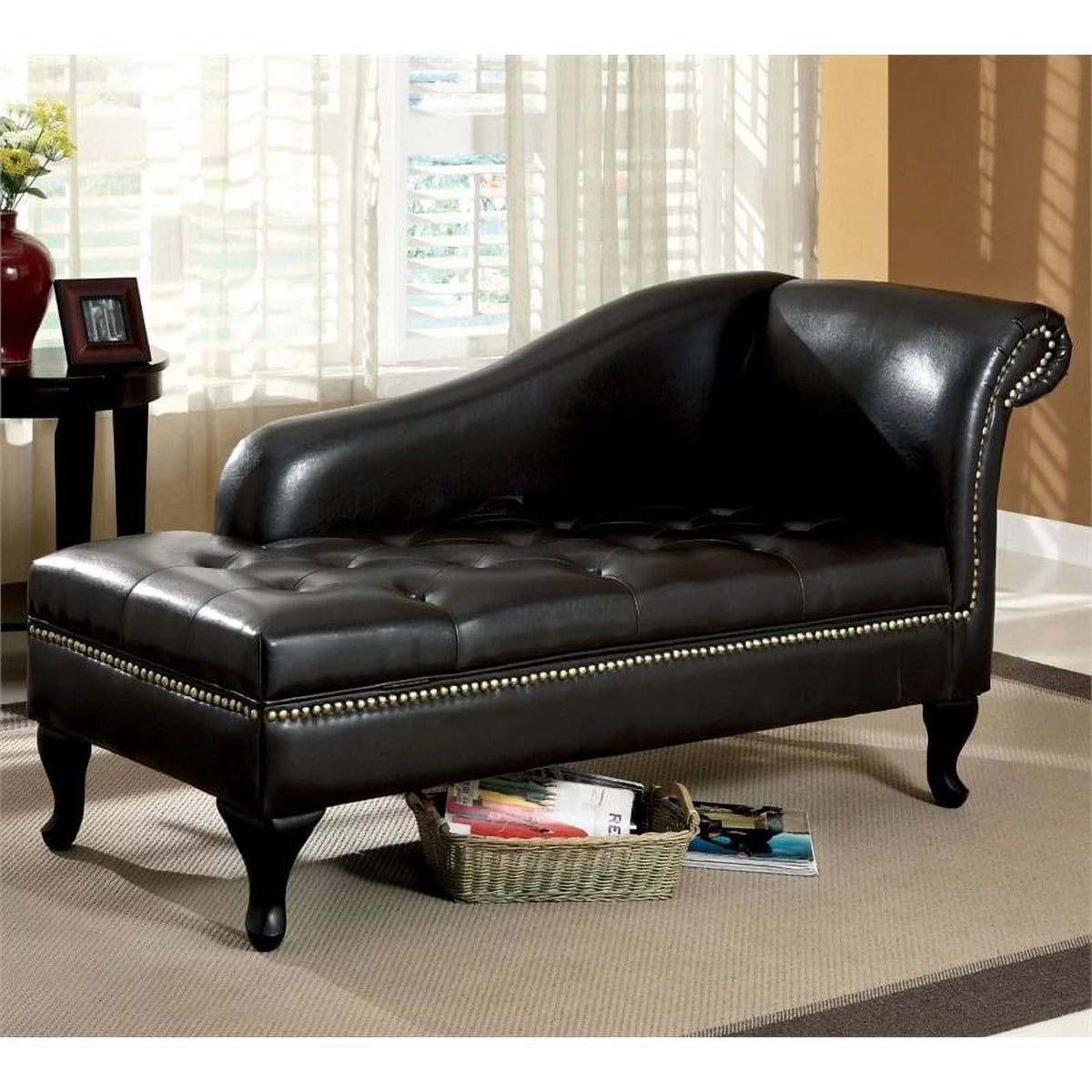 Black Faux Leather Tufted Storage Chaise Lounge T4330