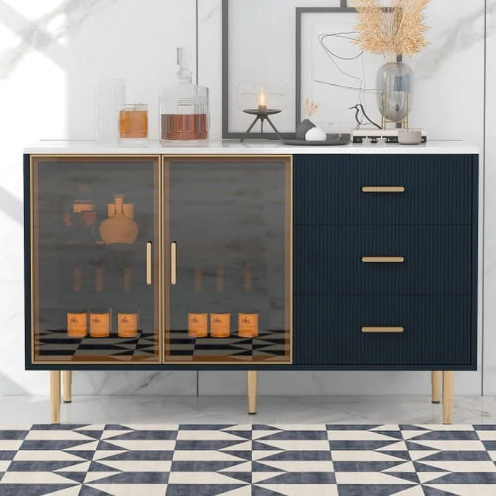 Modern MDF Buffet Cabinet with Marble Sticker Tabletop and Tempered Glass Doors H284