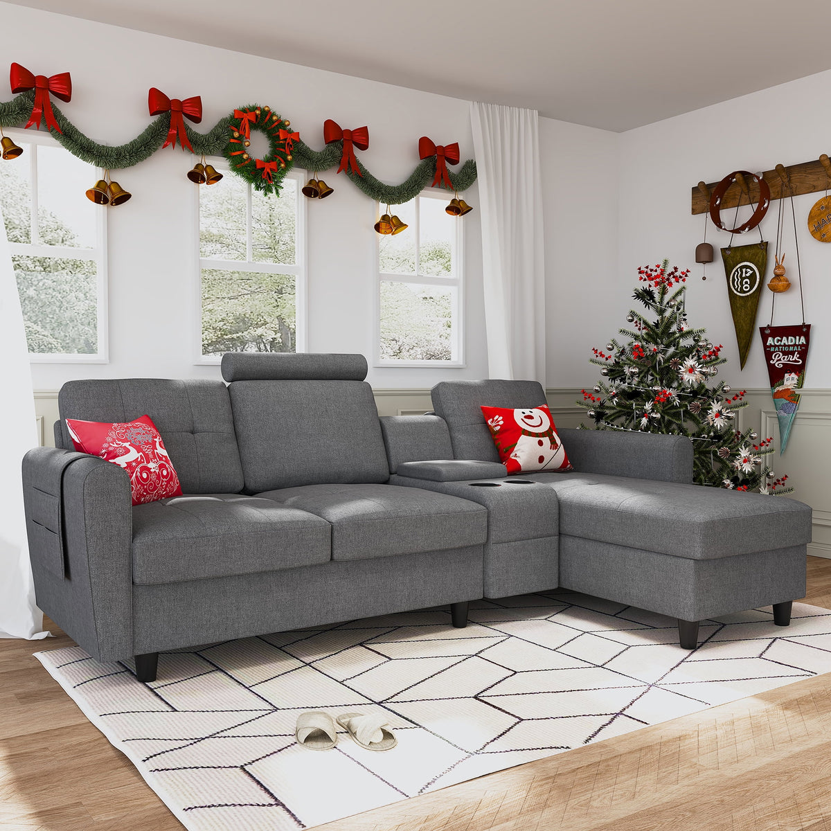 Grey Reversible Sectional Sofa with Cup Holders & Storage Console B2222