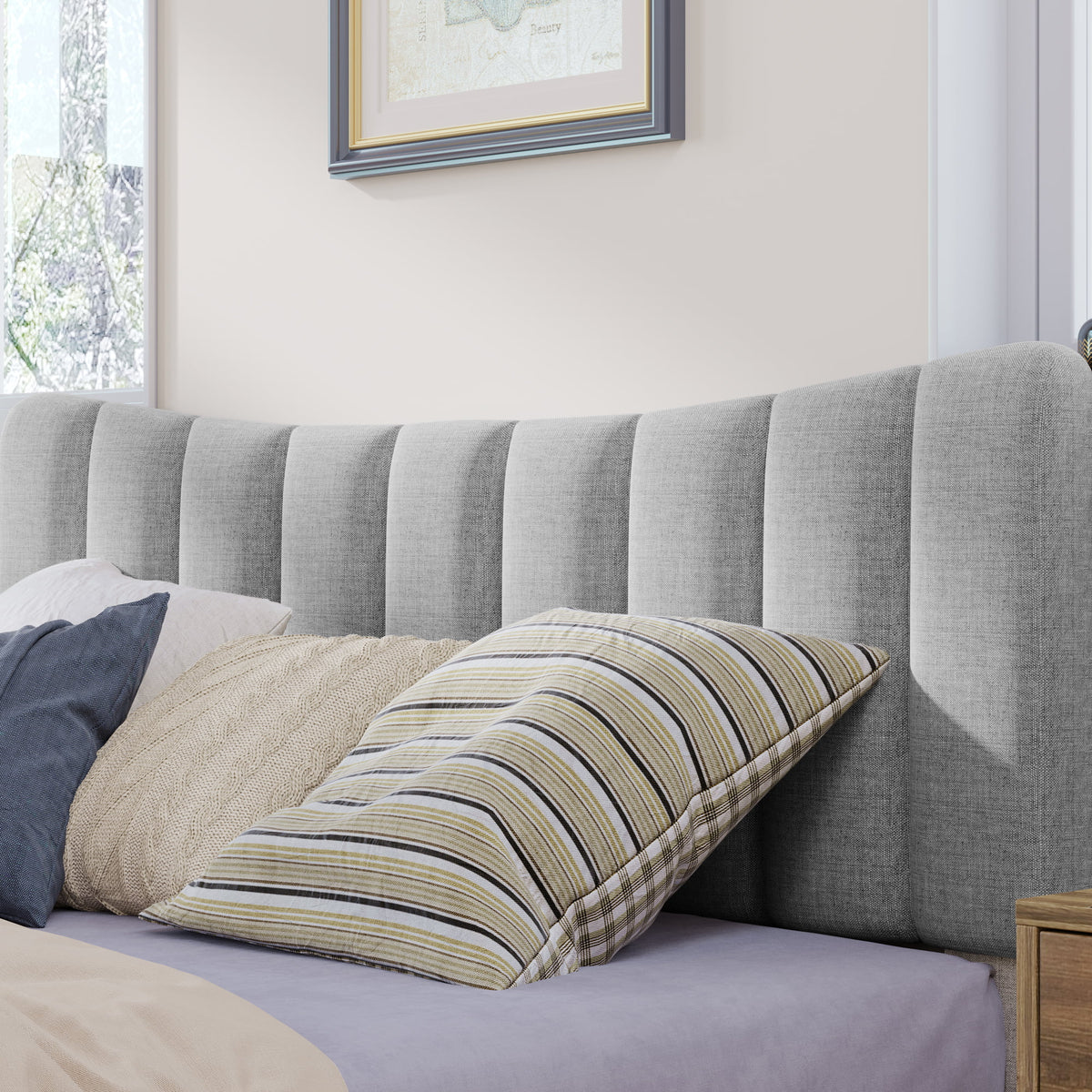 Queen Size Gray Linen Upholstered Platform Bed Frame with Tufted Headboard L9773