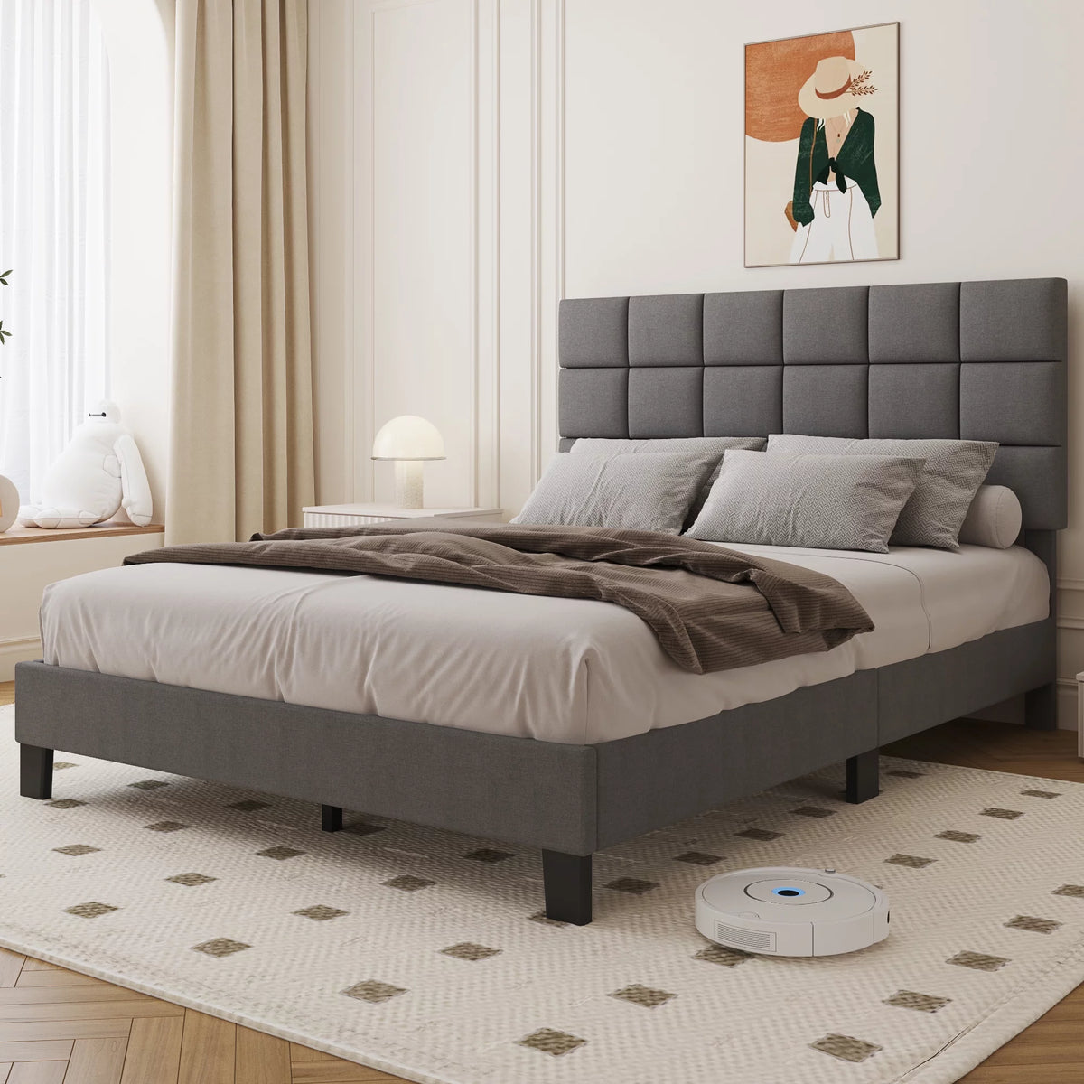 Queen Size Upholstered Bed Frame with Adjustable Headboard A666379