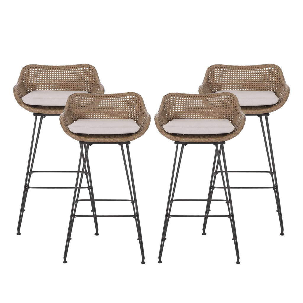 Wicker and Metal Outdoor Barstools with Cushion, Set of 4 I695929