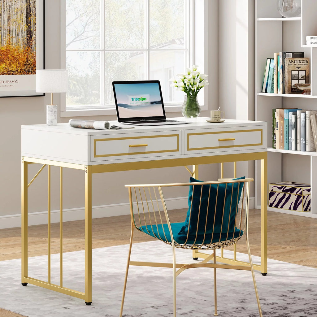 White and Gold Computer Writing Desk with 2 Drawers X626215