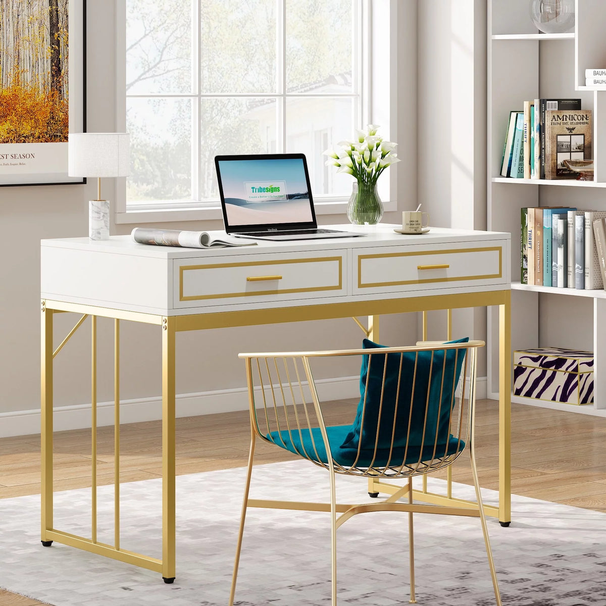 White and Gold Computer Writing Desk with 2 Drawers X626215
