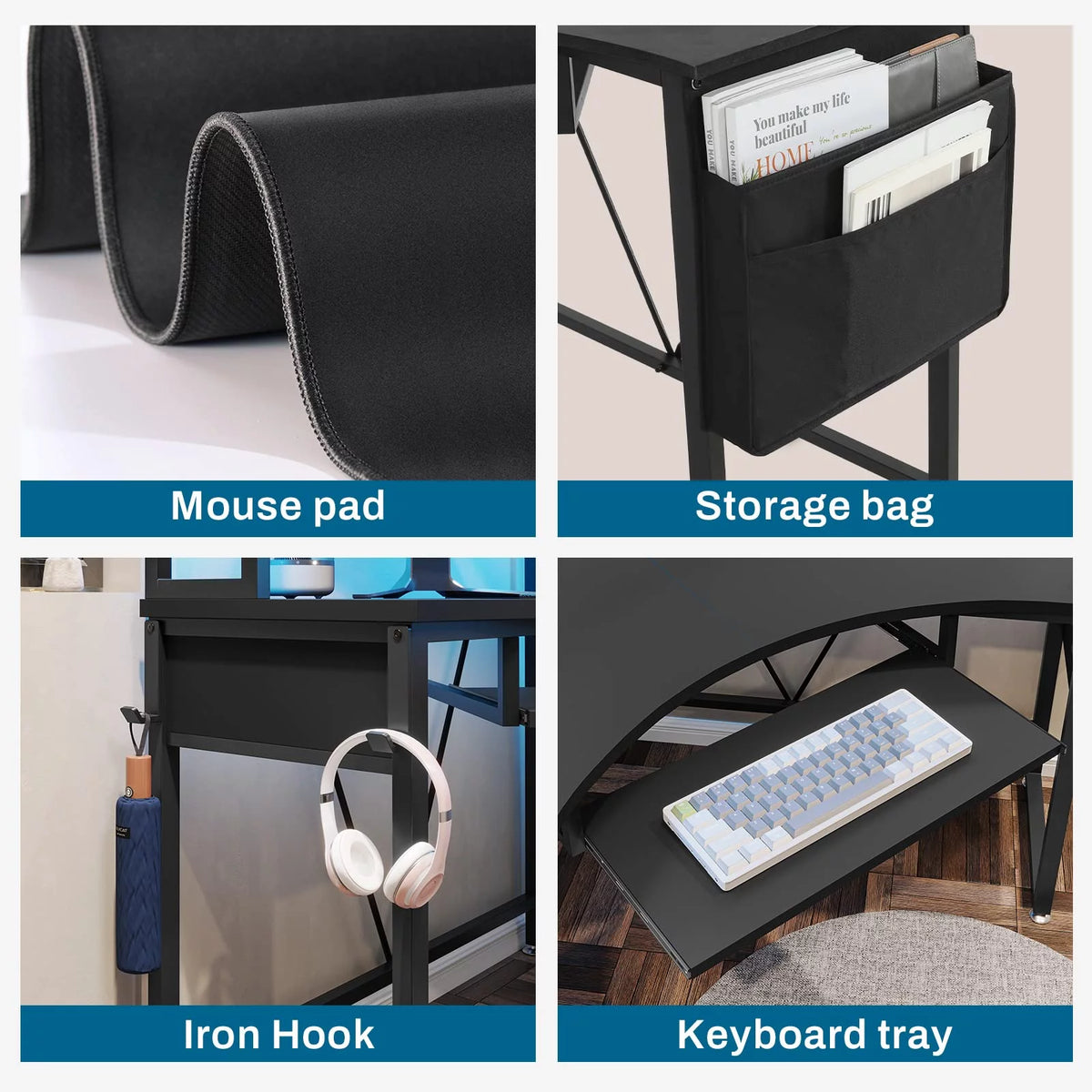 Black Corner Computer Desk with Hutch and LED Lights U84354