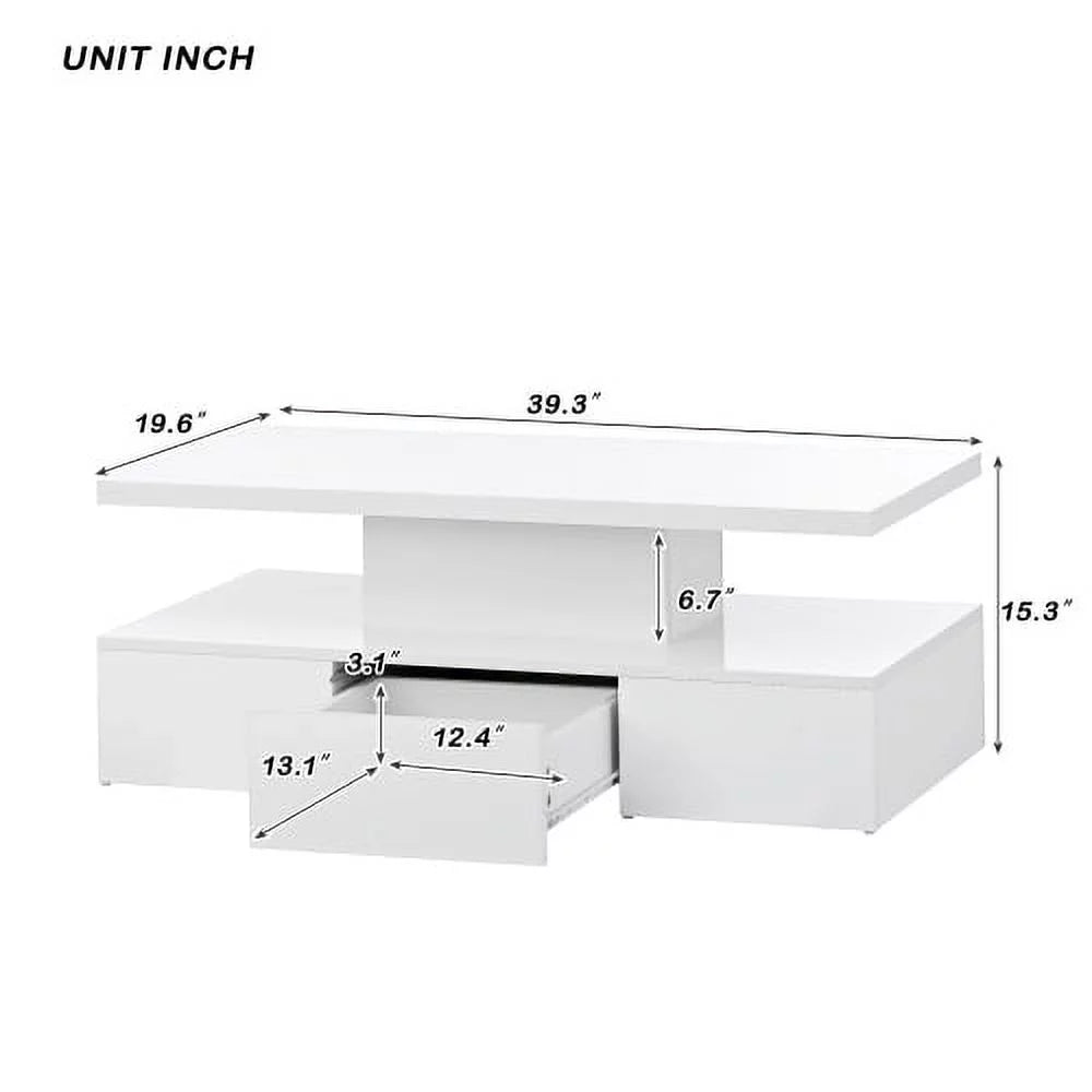 Glossy 2-Tier Coffee Table with Drawer, White J787