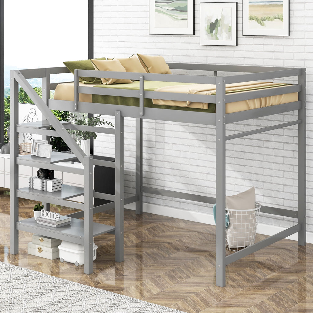 Wood Full Size Loft Bed with Shelf and Hanger K5357
