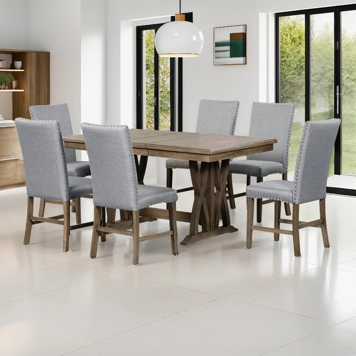 Solid Wood 7-Piece Extendable Dining Table Set with Upholstered Chairs T9174