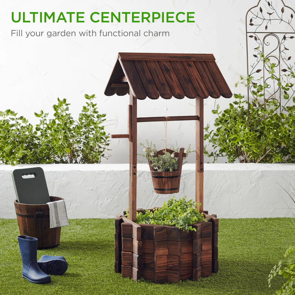Rustic Wooden Wishing Well Planter with Hanging Bucket M62289