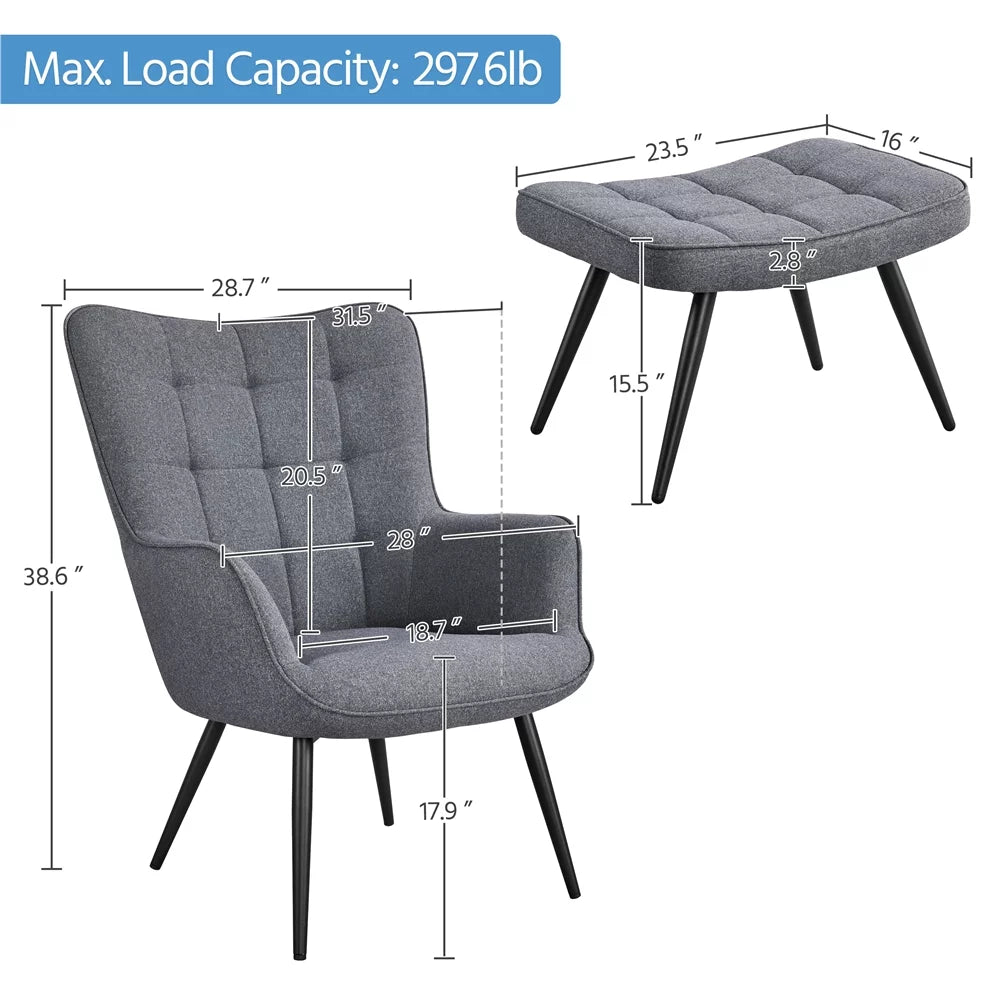 Gray Fabric Wingback Accent Chair with Ottoman D56254